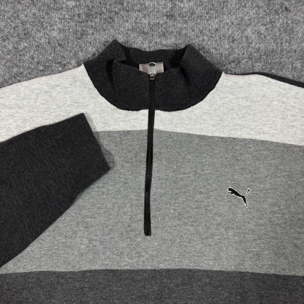 Puma Quarter Zip Colorblock Striped Sweater Men XL Gray Cotton Elbow Patches EUC